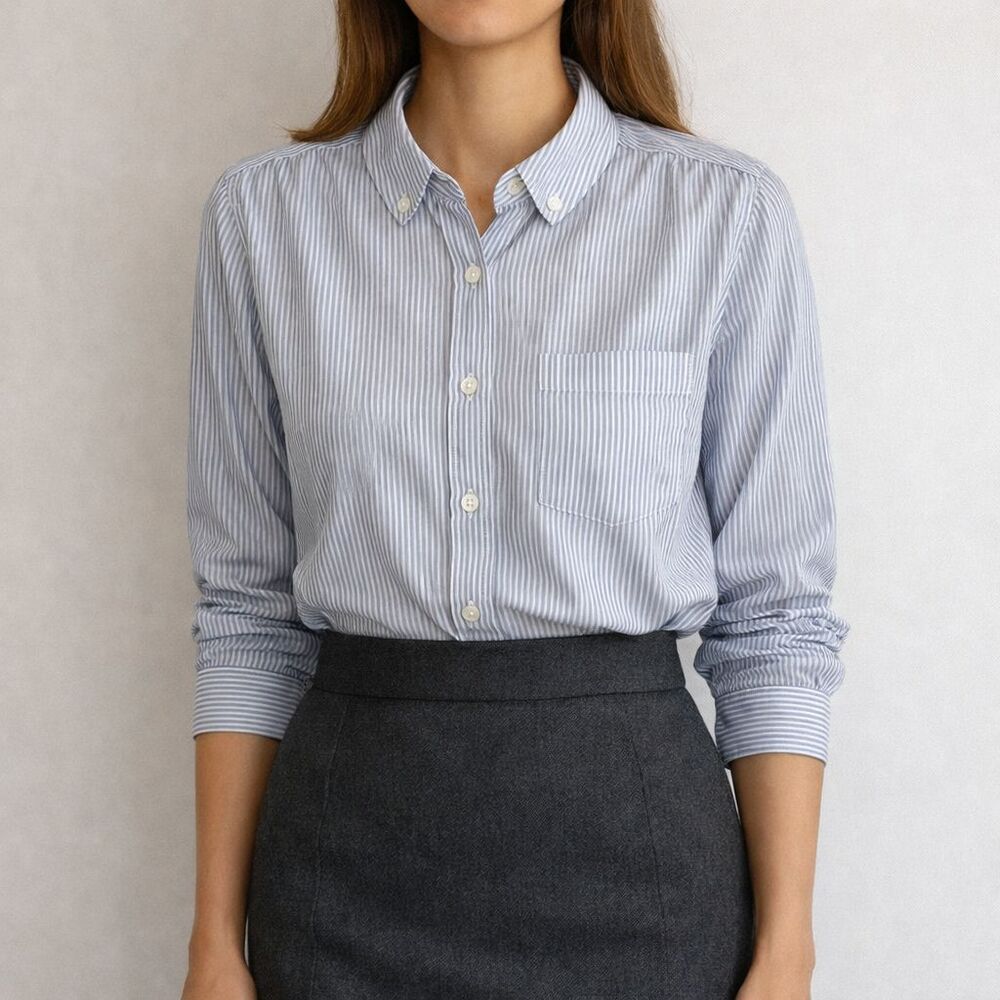 J Crew 100% Silk Button Down Shirt Womens Sz 10 Gray Pinstripe Long Sleeve FLAW